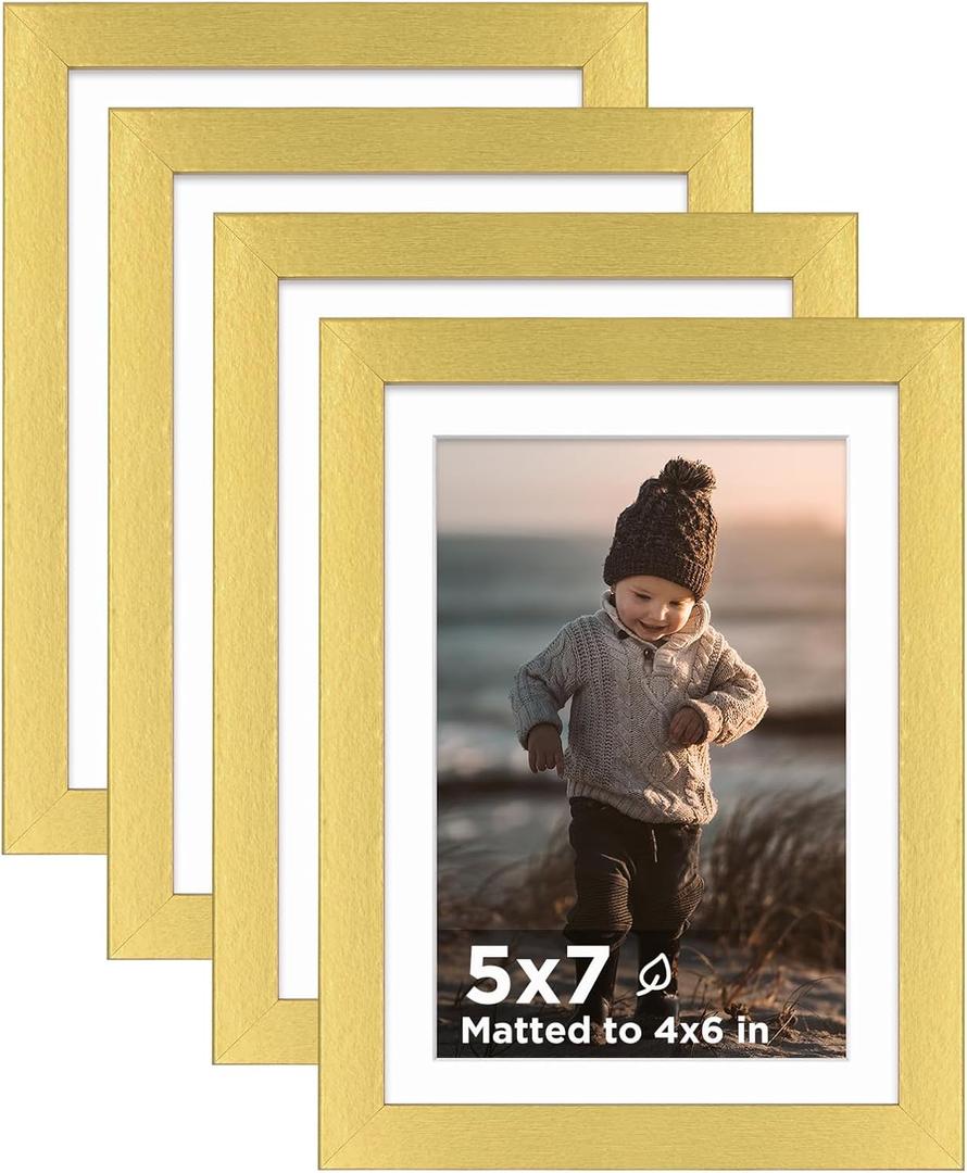 KINLINK 5x7 Picture Frame Gold Set of 4, Wooden Photo Frames Matted 4x6 with Plexiglass for 4x6 with Mat or 5x7 without Mat for Table and Wall Display