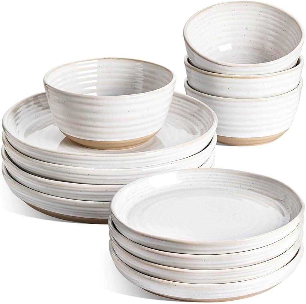 LE TAUCI Plates and Bowls Sets for 4, 12 Piece Ceramic Dinnerware Sets, Modern Stoneware Kitchen Dish Set, Chip Resistant, Microwave & Dishwasher Safe, Arctic White
