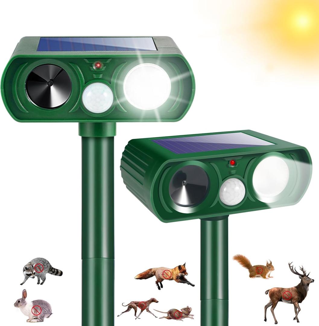 2Pack Upgraded Deer Repellent Devices Solar Ultrasonic Animal Repellent Outdoor with Motion Sensor Strobe Light to Scare Squirrel Raccoon Rabbit Stray Cat Away Yard Farm