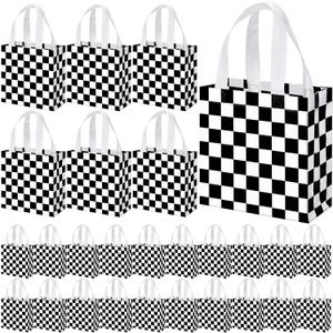 Lingvee 50 Pack Checkered Racing Gift Bag Bulk Black and White Checkered Flag Reusable Tote Bags with Handle Race Car Non Woven Candy Bags for Race Car Themed Birthday Party Decorations Supplies