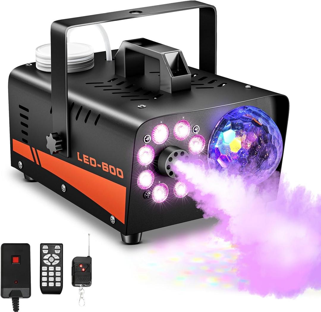 Smoke Machine, Fog Machine with Disco Ball Lights, 600W and 3000CFM with 13 Colorful LED Lights Effect, Wireless Remote Control, Suitable for Parties, Wedding, Halloween, and DJ Stage, Indoor
