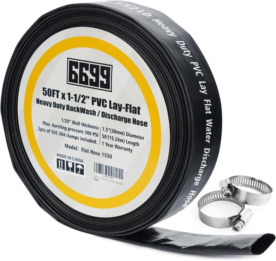 Heavy Duty Discharge Hose PVC Lay Flat Water Tubing with Clamps Easy to Use Weather and Burst Resistant for Pools 1-1/2 ID x 50FT Drainage Kit
