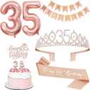 35th Birthday Decorations for Women, Including 35th Tiara and Sash, Happy Birthday Banner, Cake Toppers, Number Candles and Balloons Set, Rose Gold