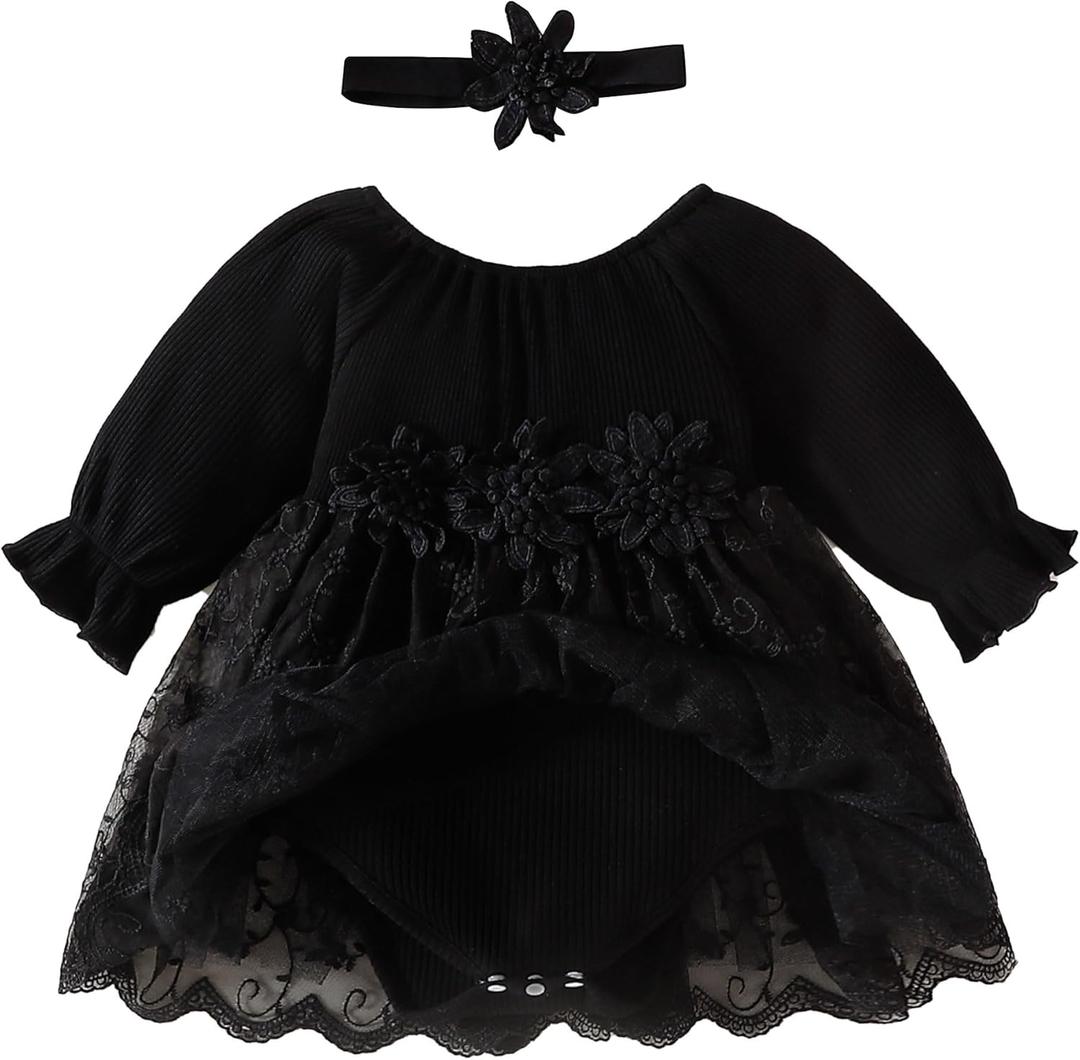 Baby Girl Romper Dress Ribbed Newborn Lace Boho Tutu Dresses Headband Baptism Photography Wedding Summer Outfit , 12-18 Months, Black Long Sleeve)