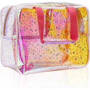 TPU Holographic Pink Clear Star Large Cosmetic Bag and Travel Pouch with Handle,Durable TPU Material,Zipper Design-Ideal for Makeup,Travel Essentials (Holographic pink)