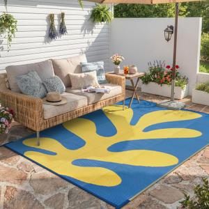 Wonnitar Abstract Outdoor Rug 6x9, Modern Coral Waterproof Reversible Plastic Straw Rug for Patio, Foldable Lightweight Outside Carpet for Deck, Balcony, RV, Beach, Blue/Yellow