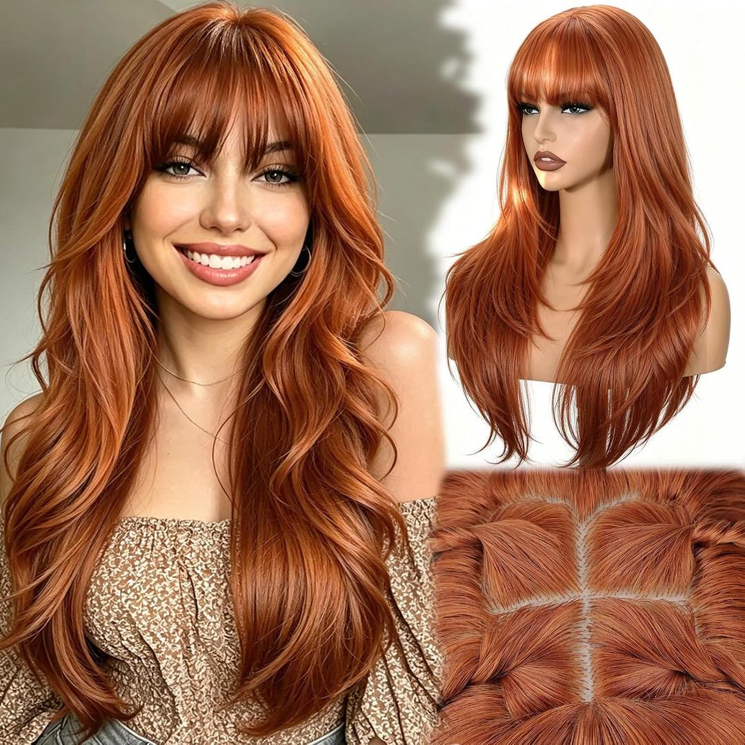 Long Ginger Wig with Bangs for Women,4x4 Realistic Scalp,Free Parting Wig,26 Inch Orange Wavy Layered Wigs Realistic Synthetic Heat Resistant for Daily Party Cosplay Party Use
