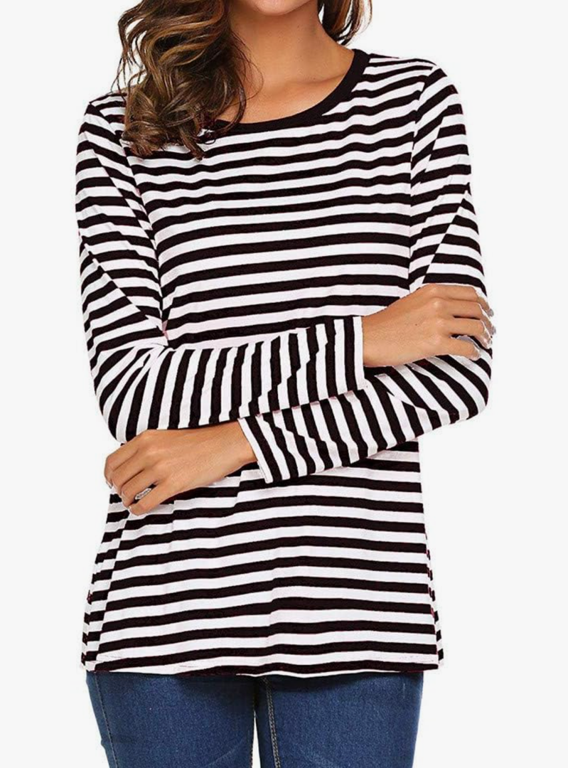 Classic Striped Shirts for Women Round Neck Long Sleeve Lightweight Casual Tops XXL