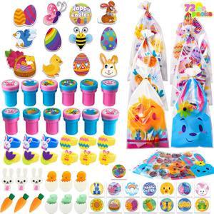JOYIN 72 Pcs Easter Party Favors Set, 12 Packs Assorted Goody Bags with Rings/Sticker, Foam Stickers, Stampers for Kids Gift, Easter Egg Hunt, Basket Stuffers