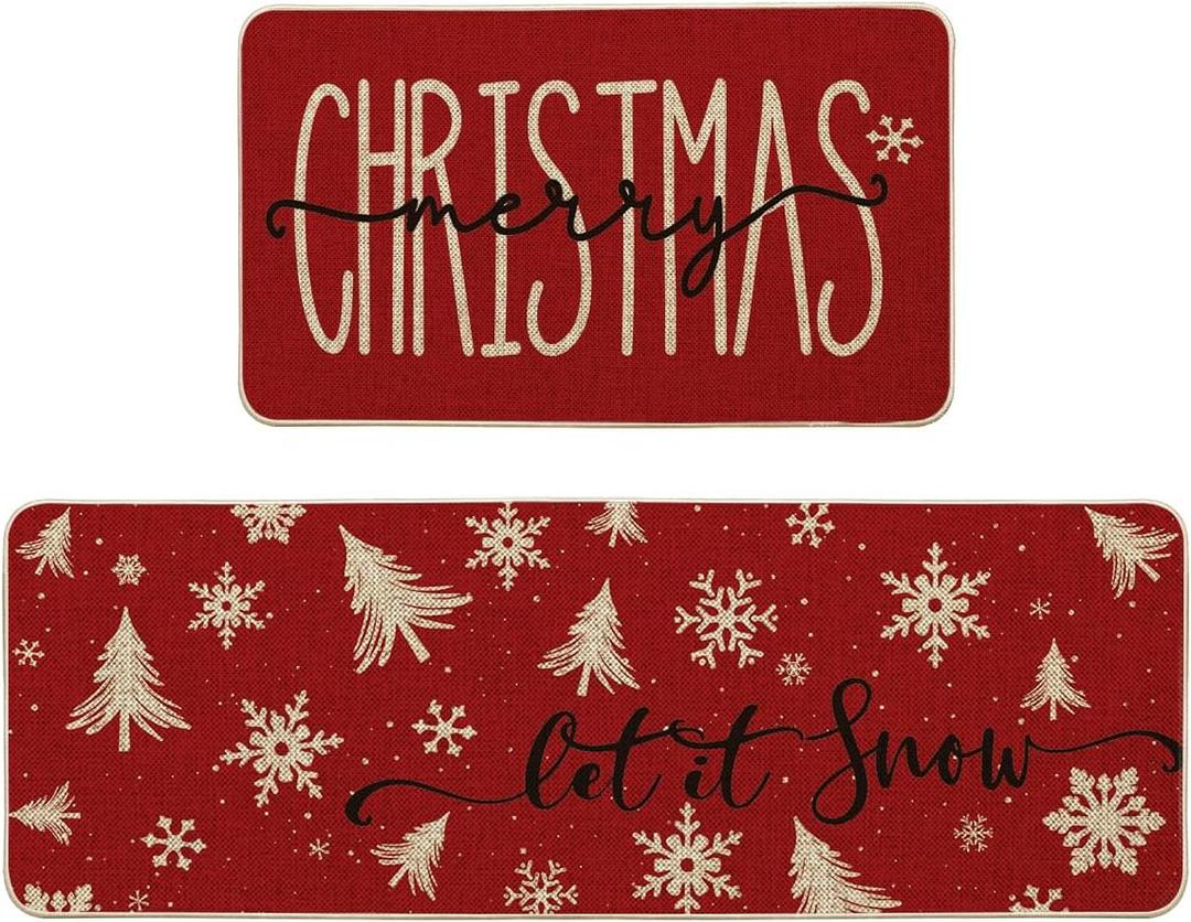 Artoid Mode Xmas Trees Snowflake Let It Snow Merry Christmas Kitchen Mats Set of 2, Winter Decor Low-Profile Kitchen Rugs - 17x29 and 17x47 Inch (Red)