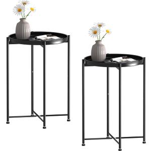 Garden 4 you Small Side Table, Mini Round End Table, Black Tray Table with Metal Frame, Modern Nightstand for Living Room, Bedroom, Patio, Small Space, 2pcs