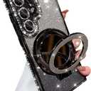 for Samsung Galaxy S25 Ultra Magnetic Kickstand Glitter Case,[Compatible with Magsafe] Bling Sparkly Rhinestone with Camera Protector Makeup Mirror Women Girls Case for Galaxy S25 Ultra,Black