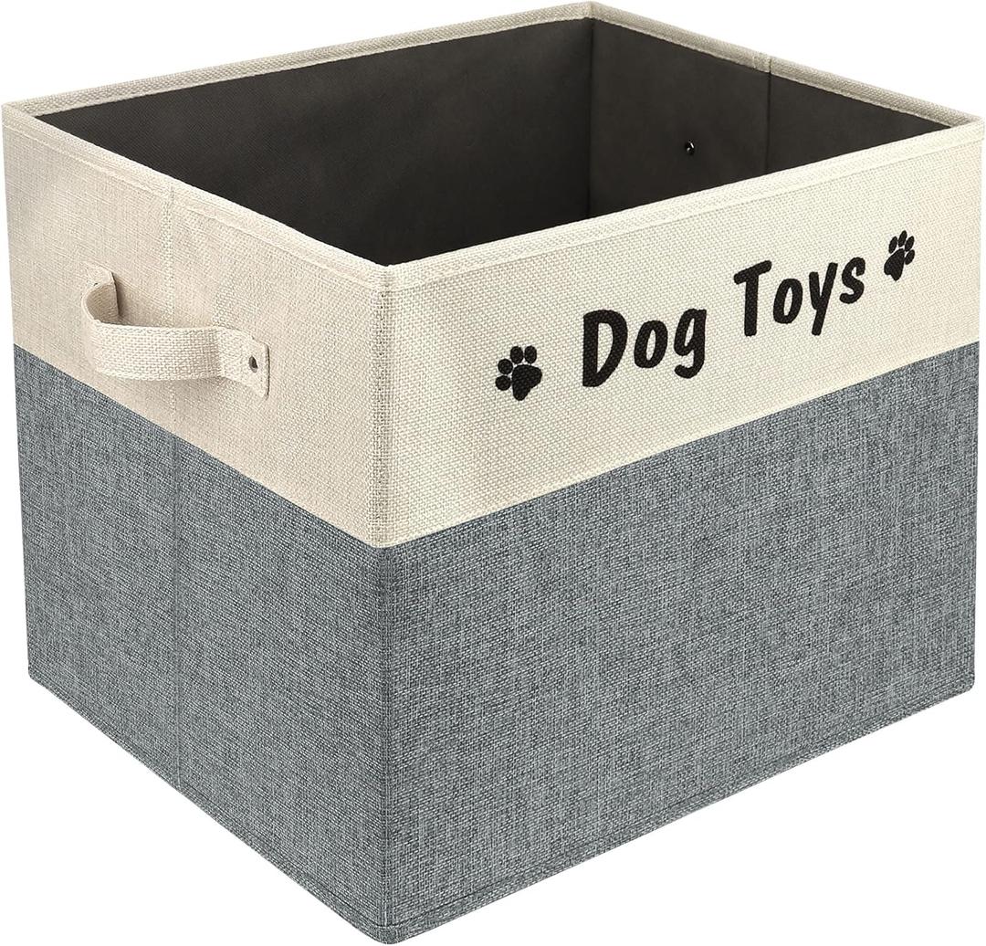 PET ARTIST Large Dog Toy Basket, Foldable Dog Toy Bin Box for Living Roon Area, Collapsible Storage Baskets with Comfortable Handles for Pet Coat,Accessories, Gray, 15"x13"x12" (Grey)