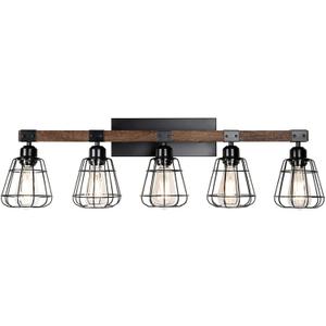 5 Lights Modern Wall Lighting Over Mirror,Bathroom Vanity Light Fixtures,Farmhouse Black Wood Metal Cage Industrial Wall Sconce