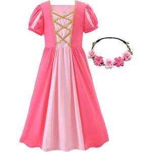 Little Girls Renaissance Medieval Dress Irish Costume Cosplay Retro Gown Halloween Xmas Princess Daily Wear, 7-8 Years, Pink