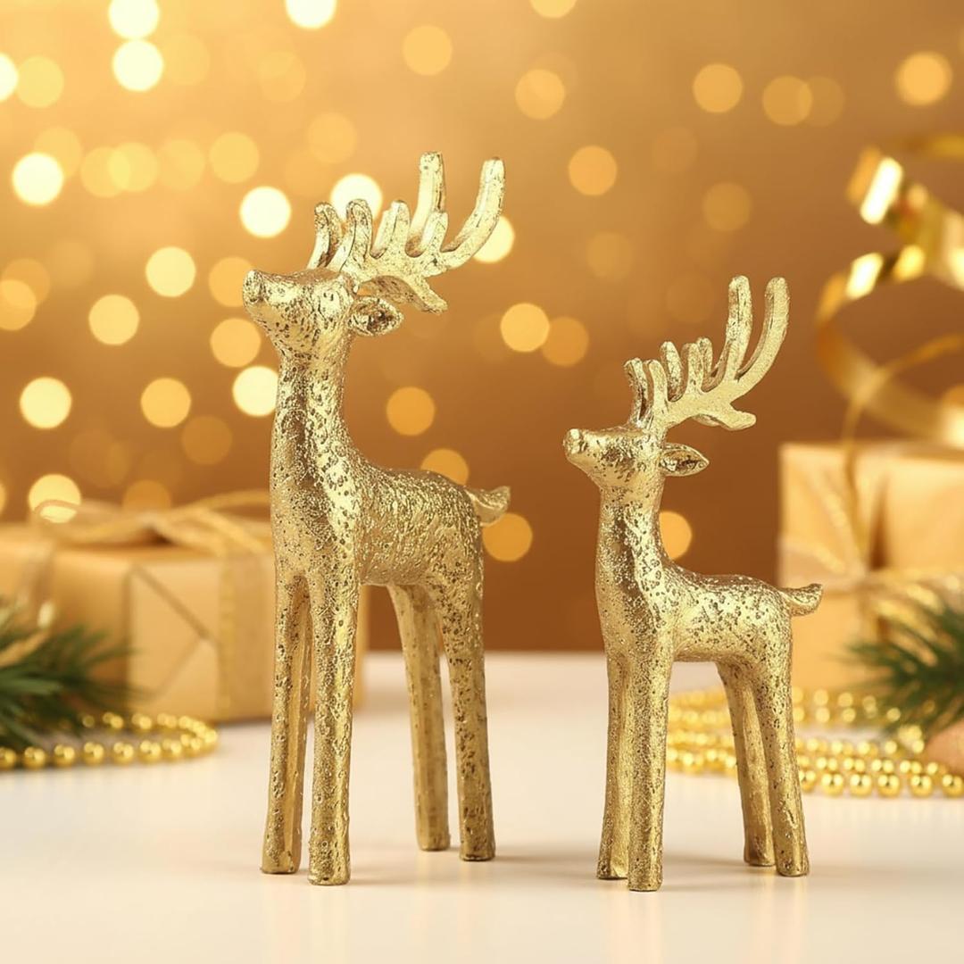2 Set Modern Christmas Decor Neutral Christmas Reindeer Decor Resin Deer Statues Figurines Elk Statues for Neutral Modern Living Room Bedroom Office Bookshelf Desk Ornaments (Gold, Small)