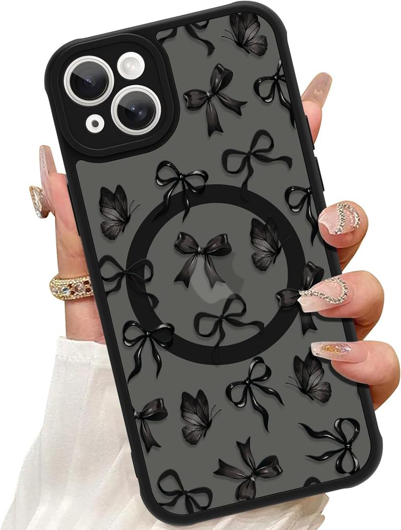 ZIYE Magnetic Case for iPhone 15 Plus 6.7 Inch [Compatible with MagSafe] Hard PC and Soft TPU Case with Black Bow Butterflies Anti-Scratch Shockproof Protection Phone Cover for Women - Black