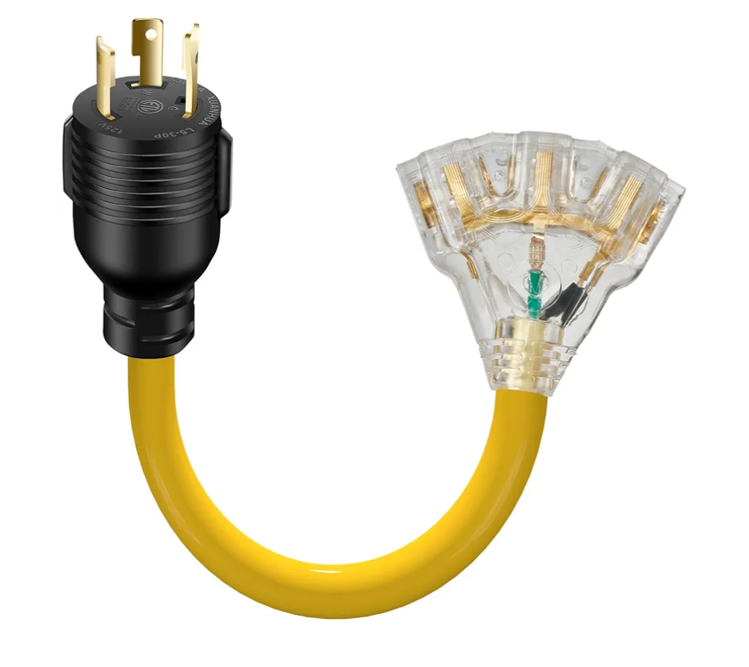 30 Amp to 110 Outdoor Generator Adapter Power Cord, 3 Prong Locking 30 Amp to 15 Amp Generator Cord, NEMA L5-30P Male to 3X 5-20R Female with Lighted End, 1.5FT