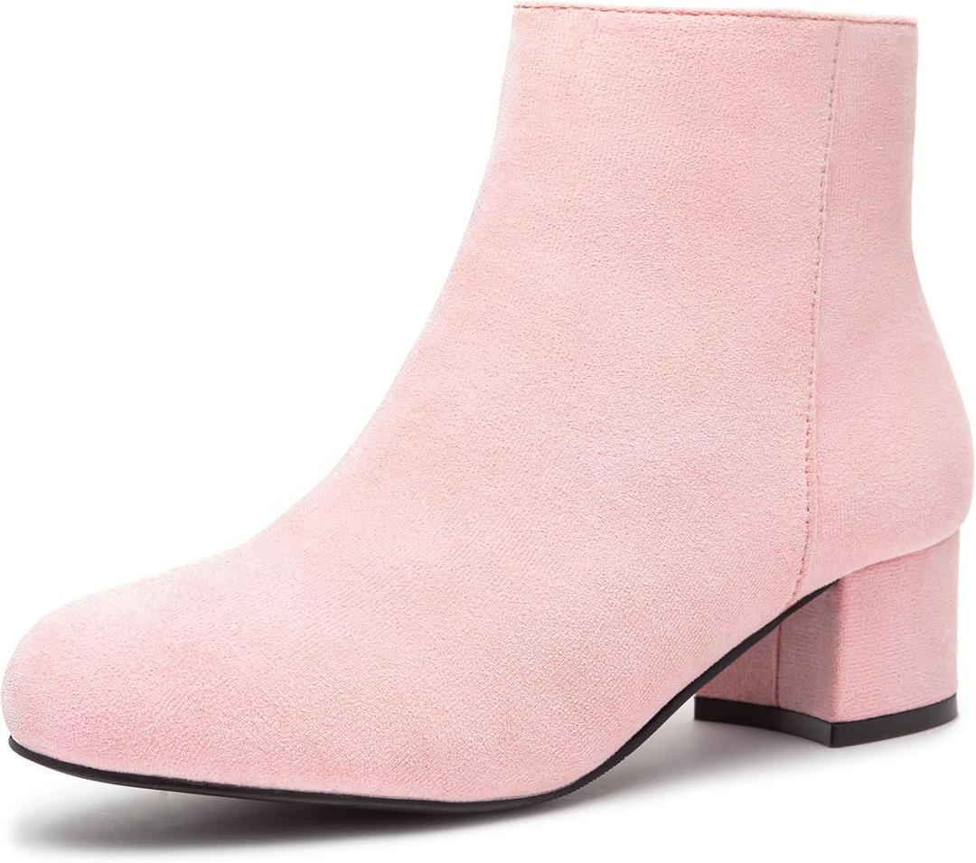 CAMSSOO Women's Fashion Short Gogo Ankle Boots Suede Boots Low Mid Block Heel Boots Side Zipper Booties Shoes (11.5, Pink)