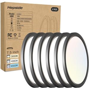 6PACK LED Flush Mount Ceiling Light - 3CCT Selectable 3000K-4000K-6500K & 100W Equivalent Modern Kitchen Recessed Ceiling Lamp 15W 1500Lm 7.5 Inch for Bathroom Closet Laundry Bedroom Hallway (Black)