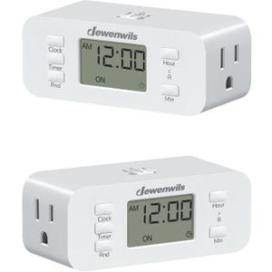 DEWENWILS 24 Hour Programmable Digital Timer Outlet, 2 Pack Timers for Electrical Outlets, Indoor Light Timers for Lamp Fan Aquarium, 2 Grounded Outlet, 125V/15A Resistive/1000W Tungsten, 3 Prong