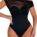 OYOANGLE Women's Mesh Sheer One Shoulder Bodysuit Asymmetrical Sleeveless Body Suit Tops L