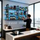 Wine Rack Wall Mounted with LED Lights, 3 Tier Metal Liquor Floating Display Shelves, with Wine Glass Rack, Iron & Wood Industrial Wall Wine Rack, for Bar, Kitchen, Cafe (Black, 47.2in)