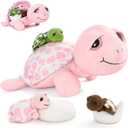 MorisMos Sea Turtle Stuffed Animal with Babies,14 in Mommy Turtle with 3 Baby Turtles Toys, 2 Plush Eggs inside Belly Pouch,Big-Eyed Stuffed Animal for Toddlers Kids,Pink Tortoise Gifts for Girls Boys