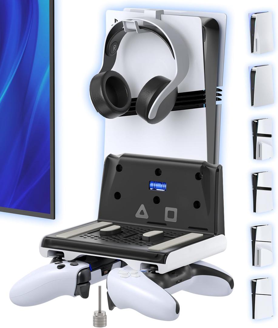 P5 Wall Mount Kit with Controller Holder Compatible with P5/Slim/Pro Disc & Digital, Pa5 Mount Floating for Gaming Accessories, Compact Pa5 Vertical Wall Shelf Organizer Bracket with Headphone Hook (White)