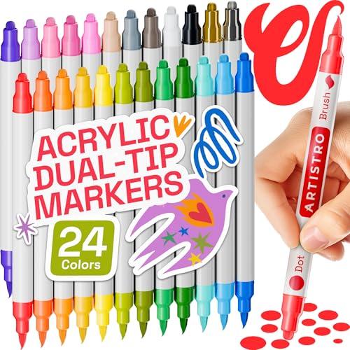 ARTISTRO 19 Acrylic Paint Markers for Fabric, Rocks, Paper, Wood, Canvas, Glass, DIY - Safe for Kids Dual Tip Acrylic Paint Pens (Dual Tip Dot + Brush , Pack Of 19)