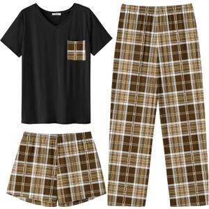 Ekouaer Women's 3 Piece Pajama Set Short Sleeve Sleepwear Pj Set Top and Shorts Pants Pjs with Pockets (Large, Brown Plaid) Ekouaer Women's 3 Piece Pajama Set Short Sleeve Sleepwear Pj Set Top and Shorts Pants Pjs with Pockets (Large, Brown Plaid)