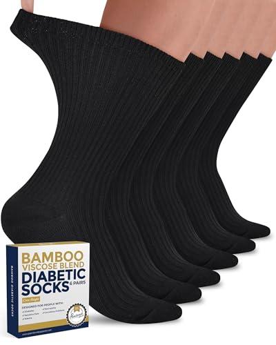 Pembrook Ribbed Knit Black Bamboo Viscose Diabetic Socks for Women - 6 Pairs | Crew Moisture Wicking Neuropathy Socks for Women | Wide Calf and Ankle Womens Diabetic Socks Size 9-11