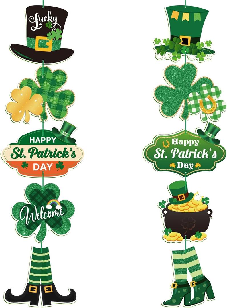 2 String St. Patrick's Day Door Sign Welcome Party Themed Hanging Yard Signs Irish Door Decor with Shamrock Leprechaun High Hat and Feet Wall Sign Ornament for Home Yard Decorations