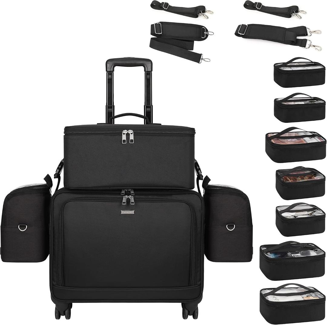 TANTO Rolling Makeup Train Case, Professional Makeup Case on Wheels Makeup Artist Bag With 7 Small Bag 4 in 1 Extra Large Cosmetics Organizer Cosmetology Case With Swivel Wheels & Adjustable Dividers,  Large