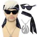 Short Blonde Cosplay Wig for Men with Necklace Headbands and Glasses Mens Blond Costume Synthetic Hair Wigs for Halloween Party (Wig+Necklace+Headbands+Sunglasses)