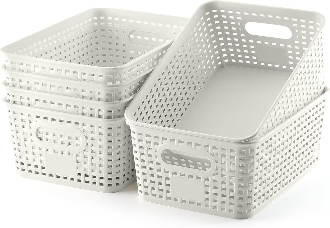 Plastic Storage Baskets 6 Pack Sturdy Storage Organizer Basket Woven Plastic Storage Bins for Shelves,Closet,Countertops, Desktops, Cabinets and Badrooms,Saving Storage, Stylish Design,White