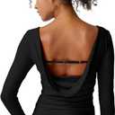 QINSEN Women's Cowl Back Long Sleeve Shirts Boat Neck Double Lined Going Out Tops Stretchy Fitted Casual T-Shirts (Large, Black)