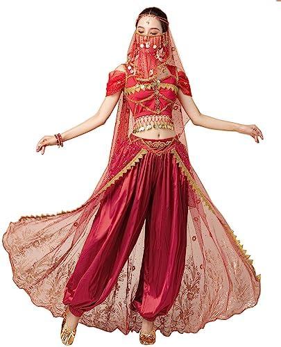 ORIDOOR Women's New Aladdin Jasmine Princess Belly Dance Halloween Costume Set Belly Dance for Dress Up Party 5 Piece Outfit, M