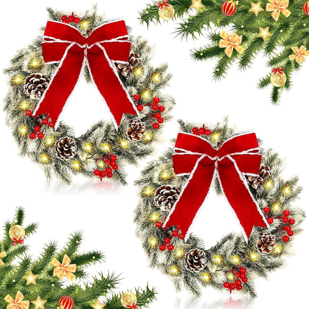 Giegxin 2 Pcs Christmas Lighted Wreath with Pinecones Red Berries Snowflake Decor and Large Red Bowknot Christmas Outdoor Wreath with LED Warm Lights for Xmas Winter Holidays Decoration (Elegant)