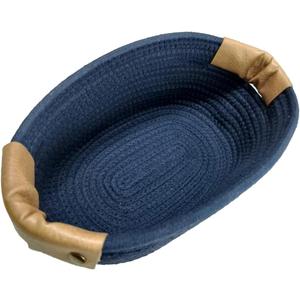 Small Cotton Woven Basket with PU Leather Handle, Baby Kids Clothes Toys Candy Gifts Cotton Rope Organizer, Living Room Basket Bathroom Shower Storage Laundry Basket, Dog Cat Bed, Cute Decor, Navy