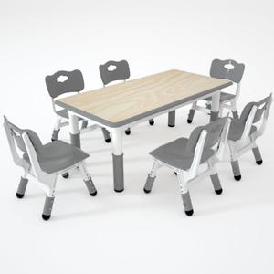 Kids Table and 6 Chairs SetHeight Adjustable Children Table & ChairToddlers Study Multi-Activity Table with 47.2"x23.6" Wipe-Clean Desktopfor Classrooms, Homes & Daycares (Grey)