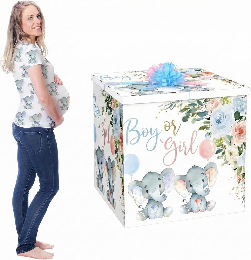 AmazingSpark 28in Jumbo Gender Reveal Gift Box Kit with Oversized Box Giant Pull Bows for Gender Reveal Baby Shower Birthday Party Decor(Baby Elephant), 1 Count