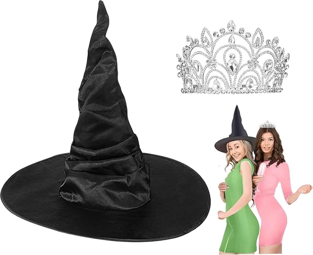 Witch Hat and Princess Crown Set Halloween Cosplay Accessories Queen Crown and Black Wizard Hats for Pink Green Party Favors Birthday Dress up Costume