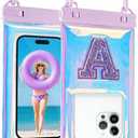 Waterproof Phone Pouch Floating, Fashion Bling Letters Cell Phone Dry Bag for iPhone 16 15 14 13 12 11 Pro Max, Galaxy S25 S24 S23 S22 Ultra Google, Up to 7.5 Inch, Glitter Letter A Iridescent 2 Pack