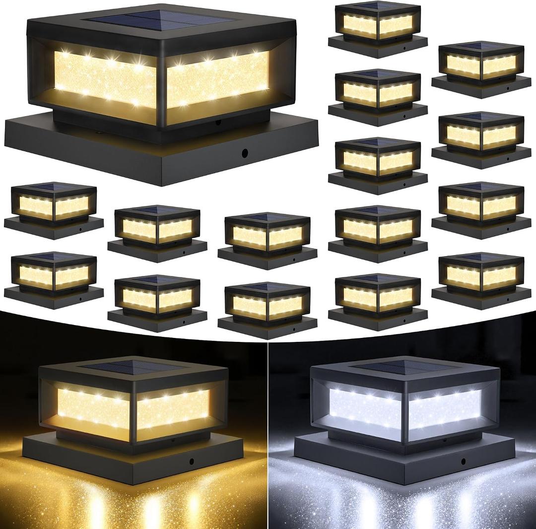 Mlambert 16 Pack Solar Post Cap Lights Outdoor, Waterproof Deck Fence Post Light for 4x4 Wood/Vinyl Posts, 6x6 Wooden Posts, Cool/Warm Lighting, Black