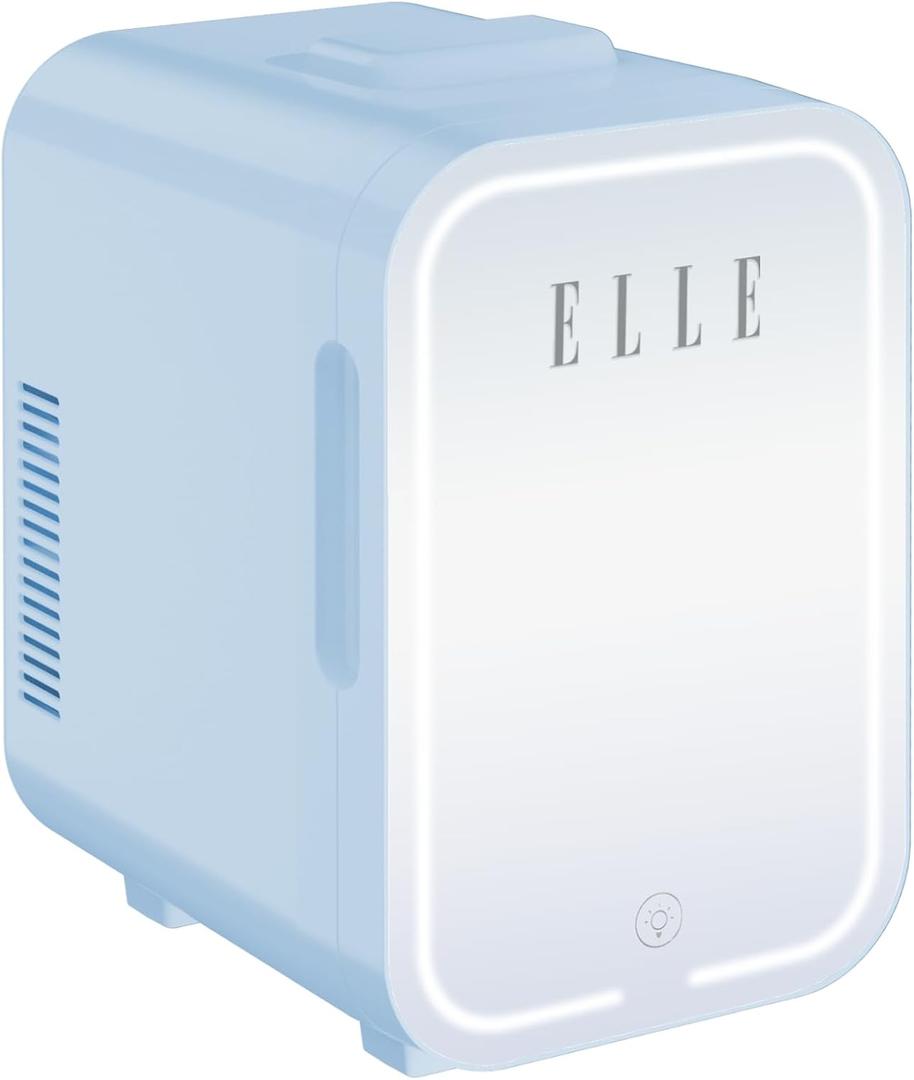 ELLE 8L Mini Cooler Fridge with LED Makeup Mirror for Skincare & Cosmetic Storage Cooler & Warmer Removable Shelf Carrying Handle AC DC Power Options Small Refrigerator for Bedroom Car Office Blue