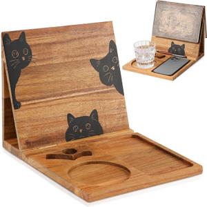 Book Holder Stand for Reading Rest, Wooden Foldable Book Rest with Book Page Holder, Cup, iPad & Phone Stand, Book Nook Reading Valet Desktop Triangle Bookstand Bookshelf for Readers Bookworms Gifts (Cat)