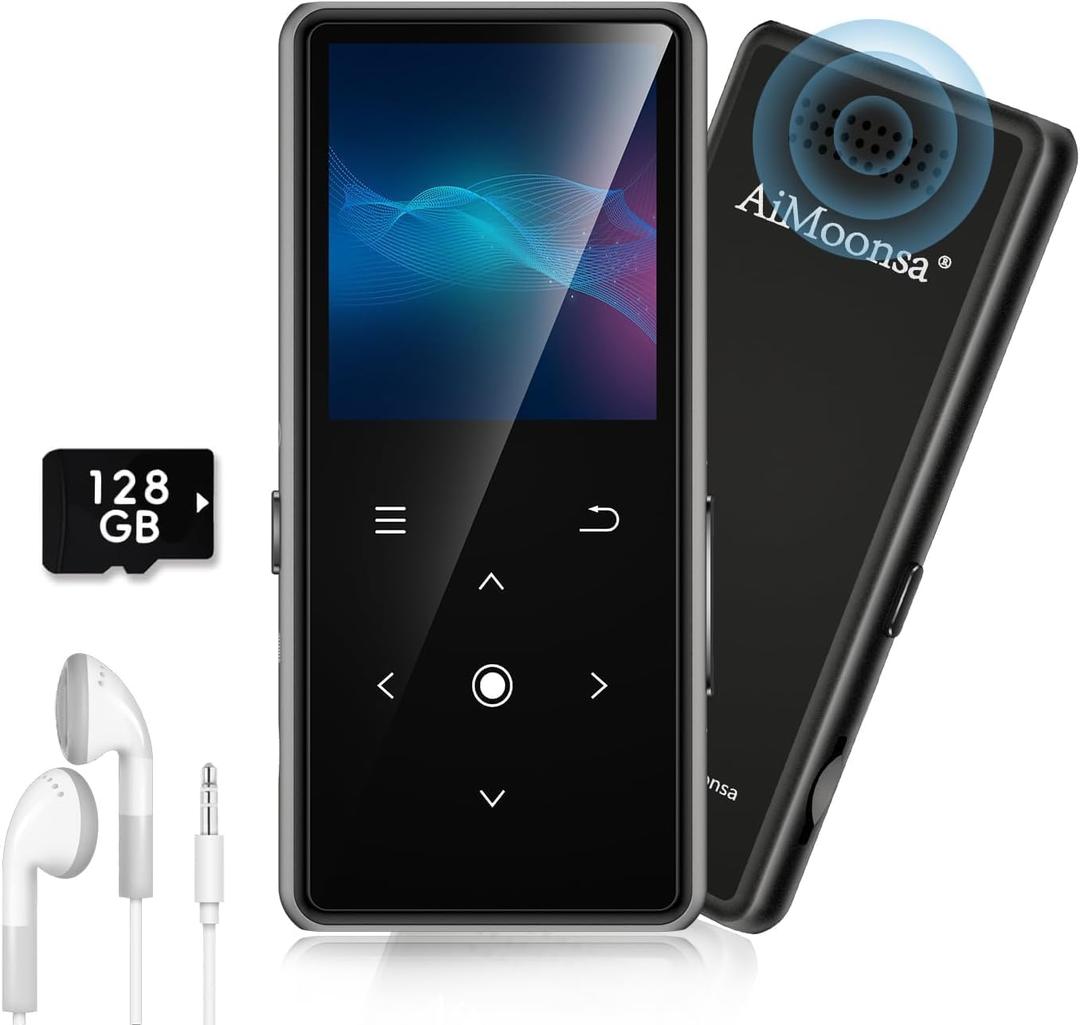 128GB MP3 Player with Bluetooth 5.2, AiMoonsa Music Player with Built-in HD Speaker, FM Radio, Voice Recorder, HiFi Sound, E-Book Function, Earphones Included