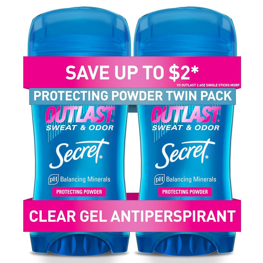 Secret Outlast Antiperspirant Deodorant for Women, 72hr Sweat & Odor Protection, PH Balancing Minerals, Clear Gel, Protecting Powder Scent, 2.6 oz (Pack of 2)