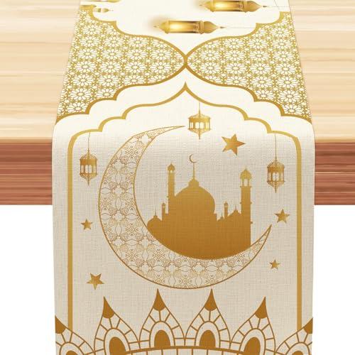 Ramadan Decorations for Home Gold Ramadan Table Runner(13x72 Inch) Eid Dinner Table Decor Tree Lantern Castle Moon Star Kitchen Holiday Party Favors Supplies Mubarak Runner Cover Cloths Gifts